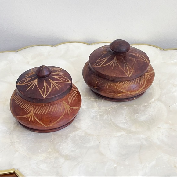 Vintage Hand Carved Small Wooden Bowls Lidded Boho Chic Hole Decor Vanity Decor - Picture 3 of 13